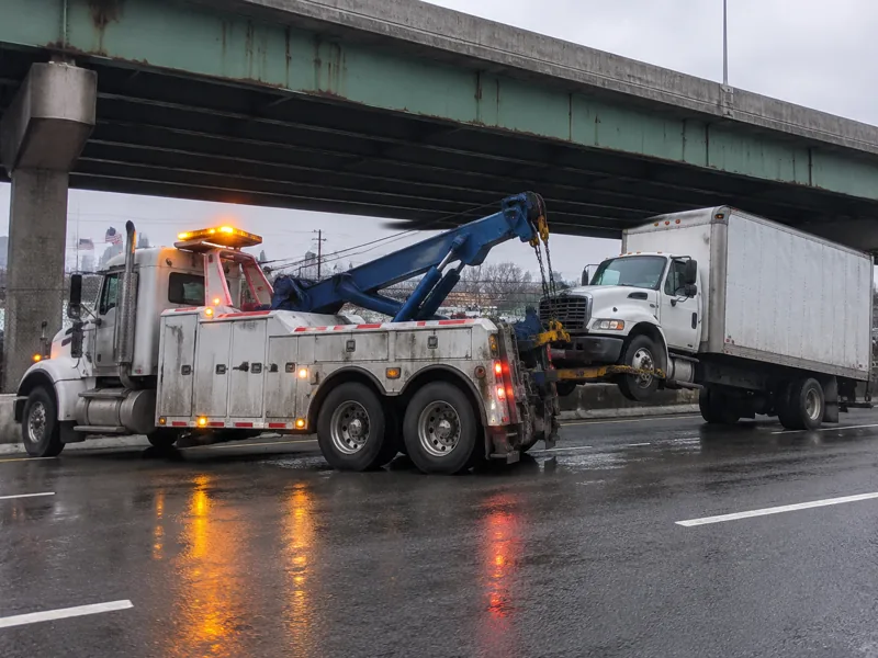 Heavy duty tow truck towing a box truck in Newark